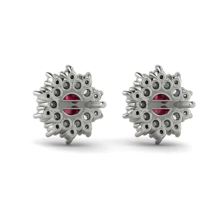 14 KT White Gold Diamond Star Cluster and Ruby Stud Statement Earrings