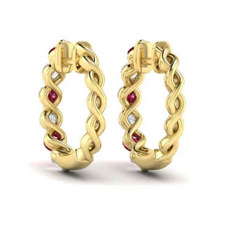 14 KT Yellow Gold Diamond and Ruby  Twist Hoop Earrings