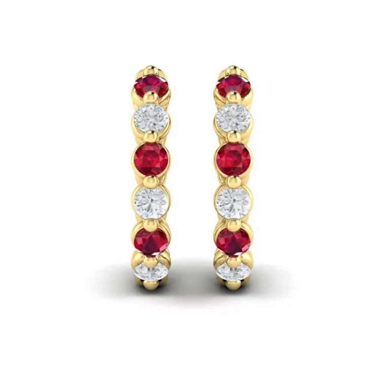 14 KT Yellow Gold Diamond and Ruby  Twist Hoop Earrings