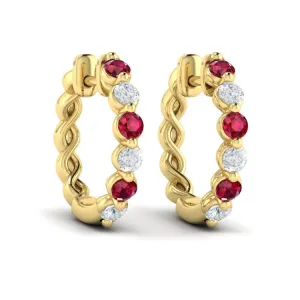 14 KT Yellow Gold Diamond and Ruby  Twist Hoop Earrings
