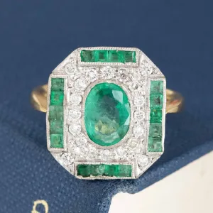 1.40ctw Art Deco Diamond & Emerald Cluster Frame Ring