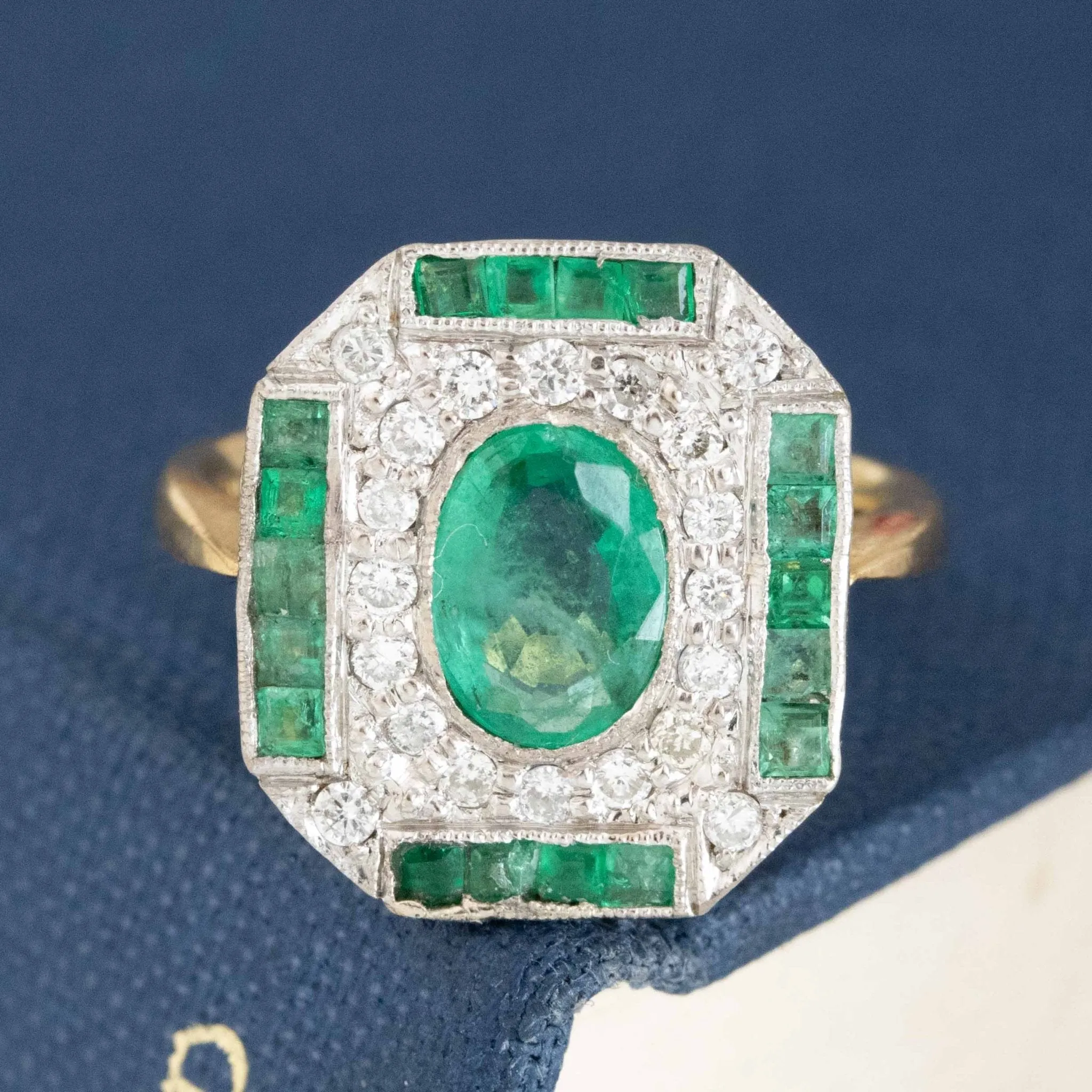 1.40ctw Art Deco Diamond & Emerald Cluster Frame Ring