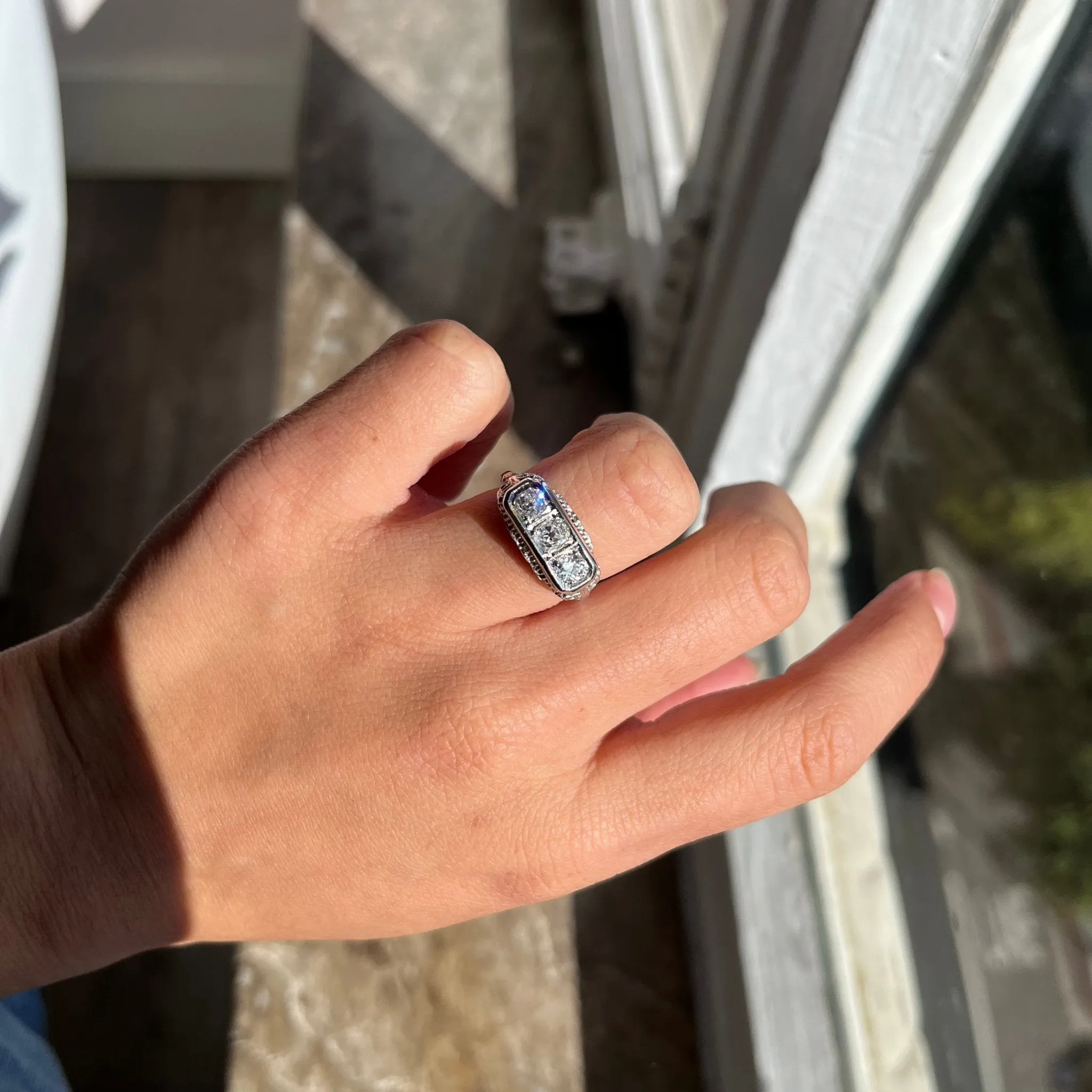1.42ctw Old Mine Cut Diamond Trilogy Ring