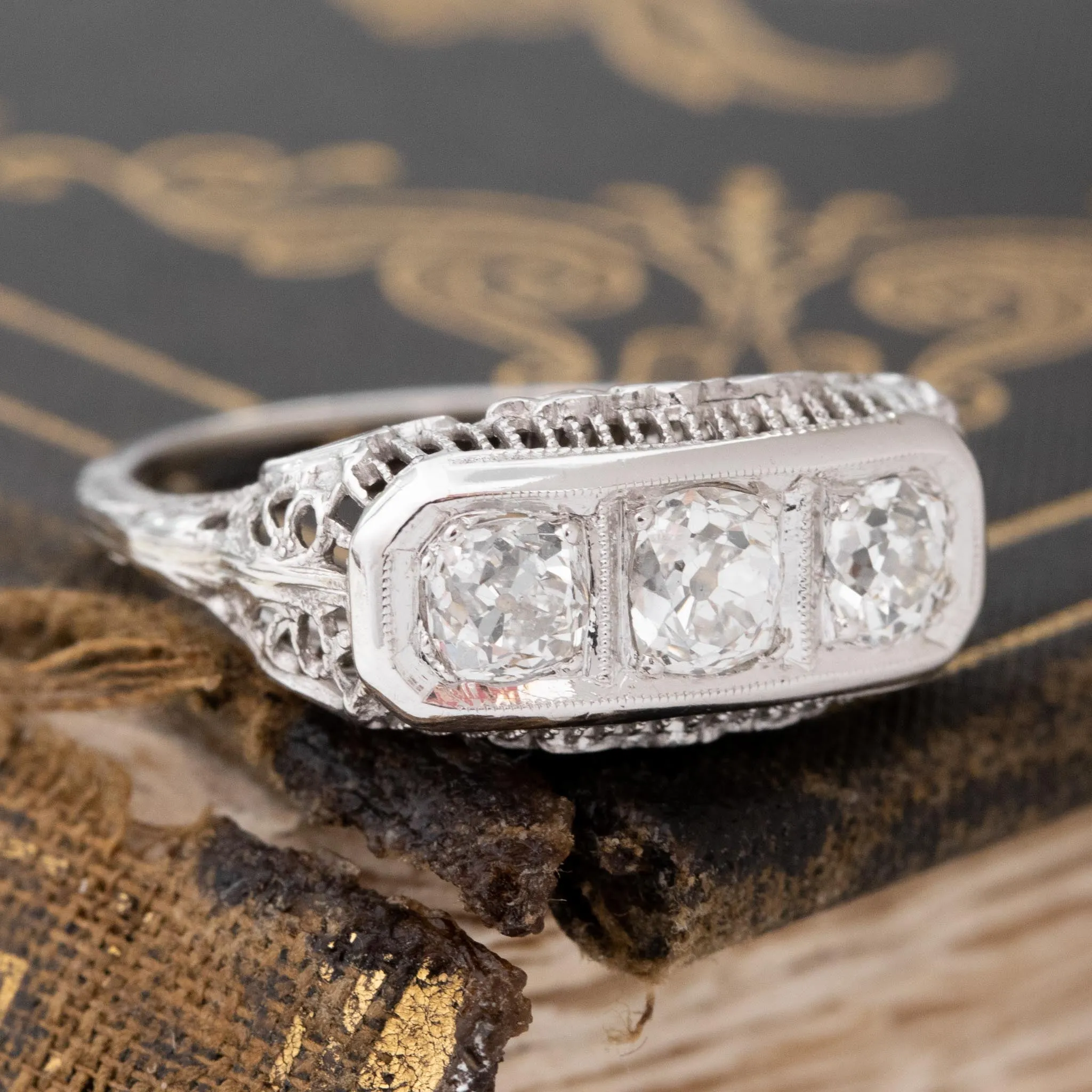 1.42ctw Old Mine Cut Diamond Trilogy Ring