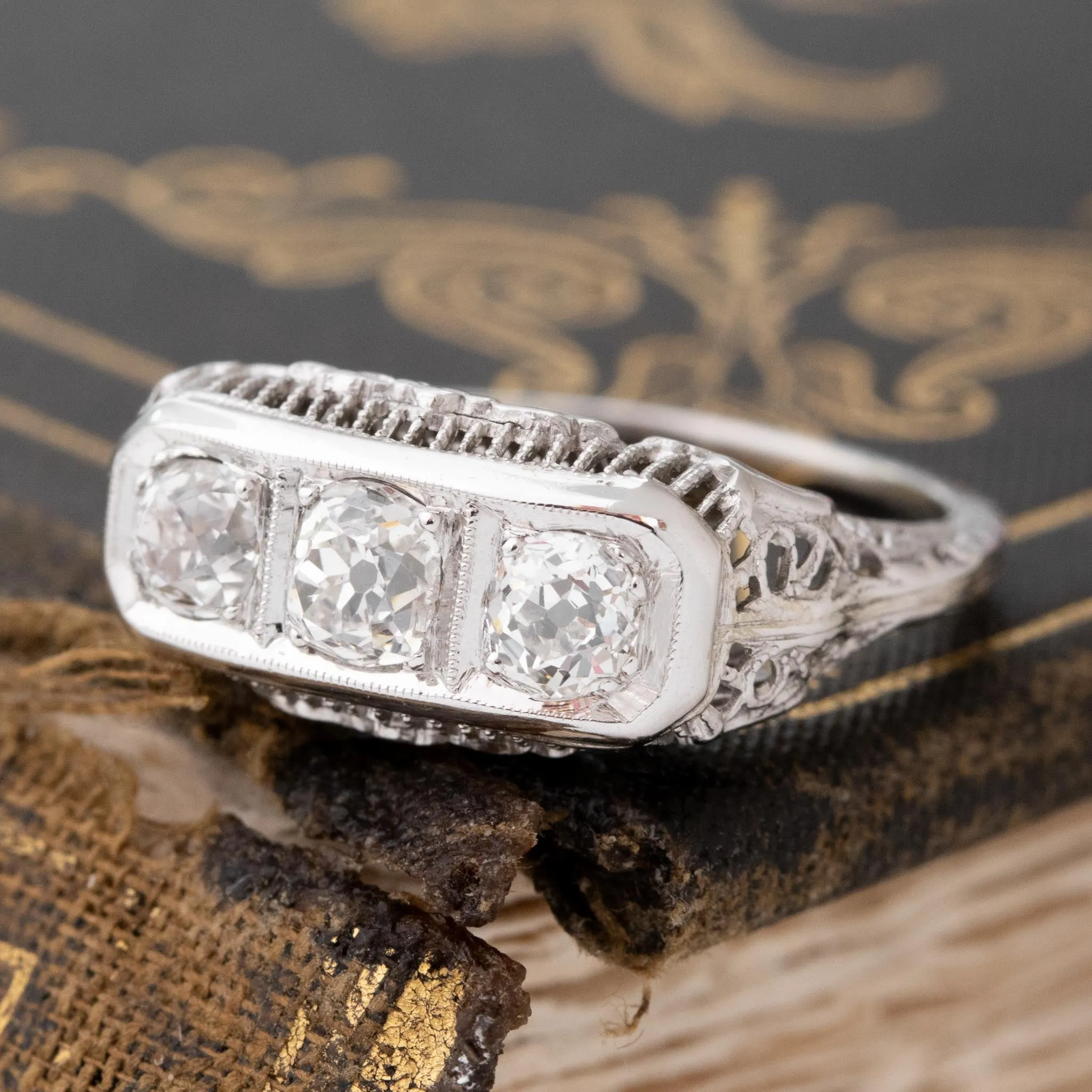 1.42ctw Old Mine Cut Diamond Trilogy Ring