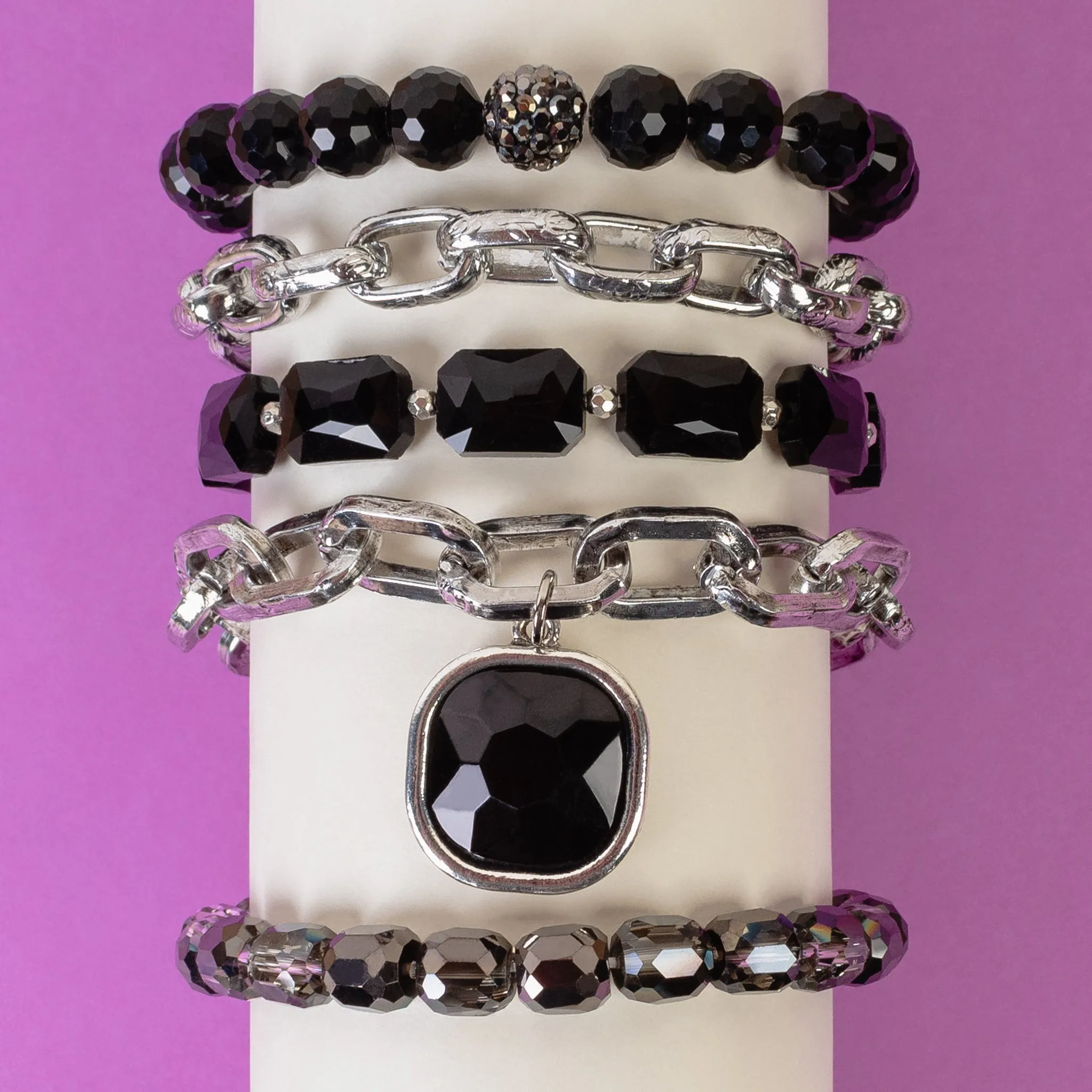 1447 - Crystal Stacked Bracelets - Black