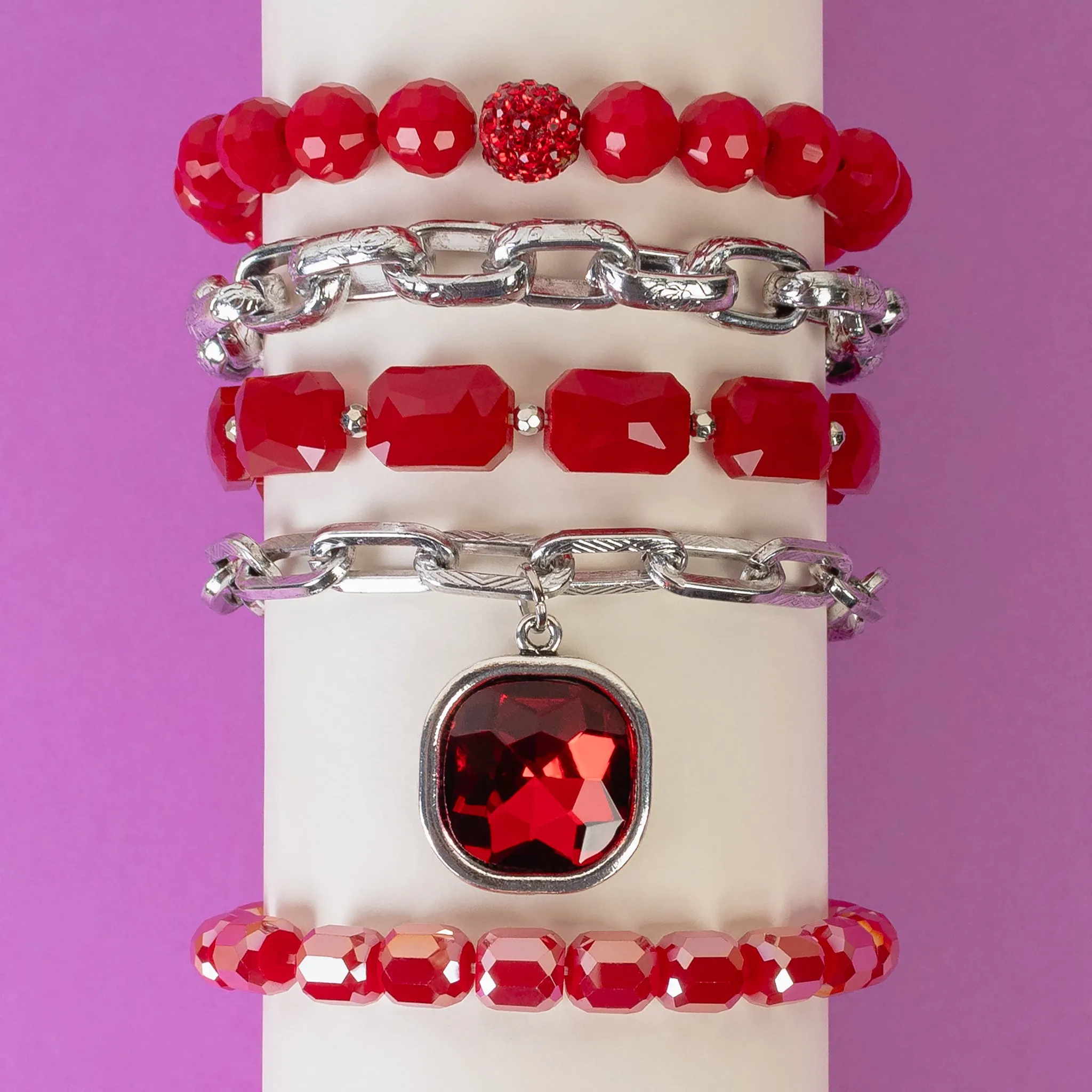 1447 - Crystal Stacked Bracelets - Red