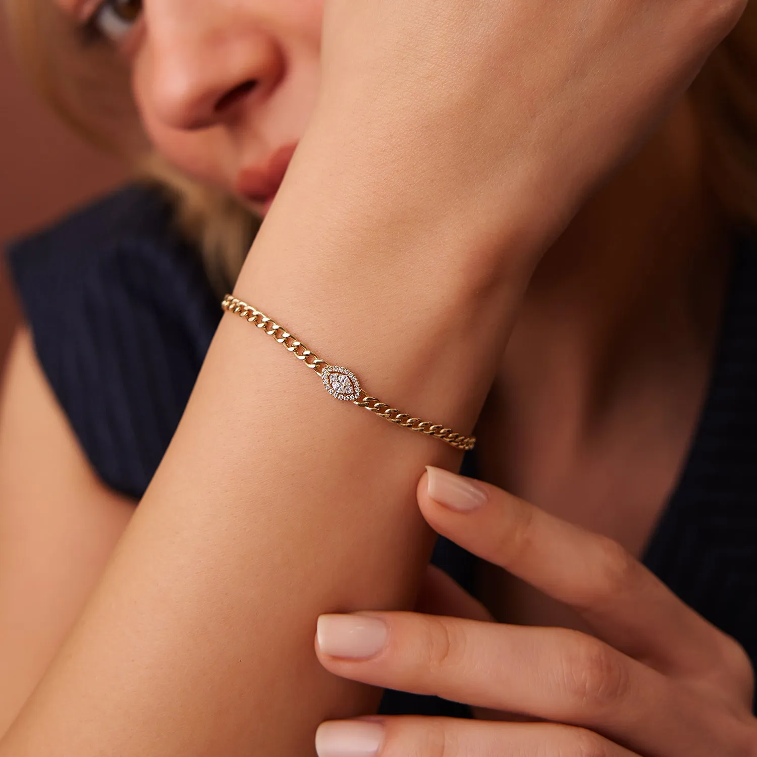 14k Gold Curb Link Marquise Diamond Illusion Setting Bracelet