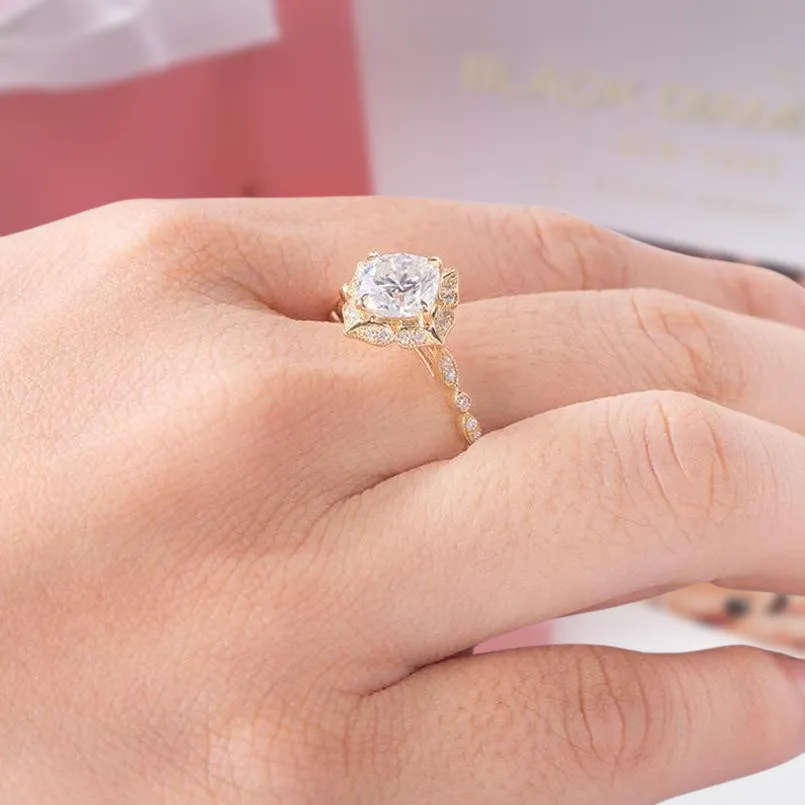 14k Rose Gold Cushion Cut Diamond Antique Milgrain Halo Engagement Ring