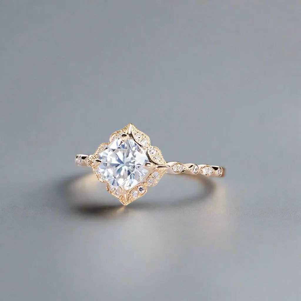 14k Rose Gold Cushion Cut Diamond Antique Milgrain Halo Engagement Ring