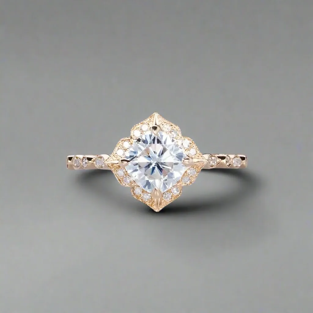 14k Rose Gold Cushion Cut Diamond Antique Milgrain Halo Engagement Ring