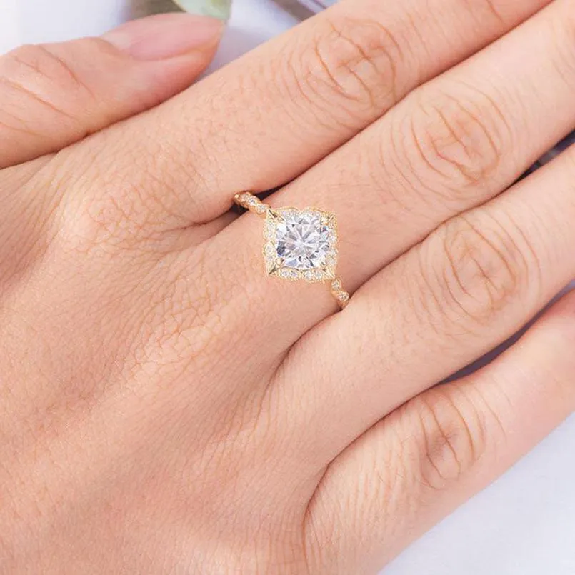 14k Rose Gold Cushion Cut Diamond Antique Milgrain Halo Engagement Ring