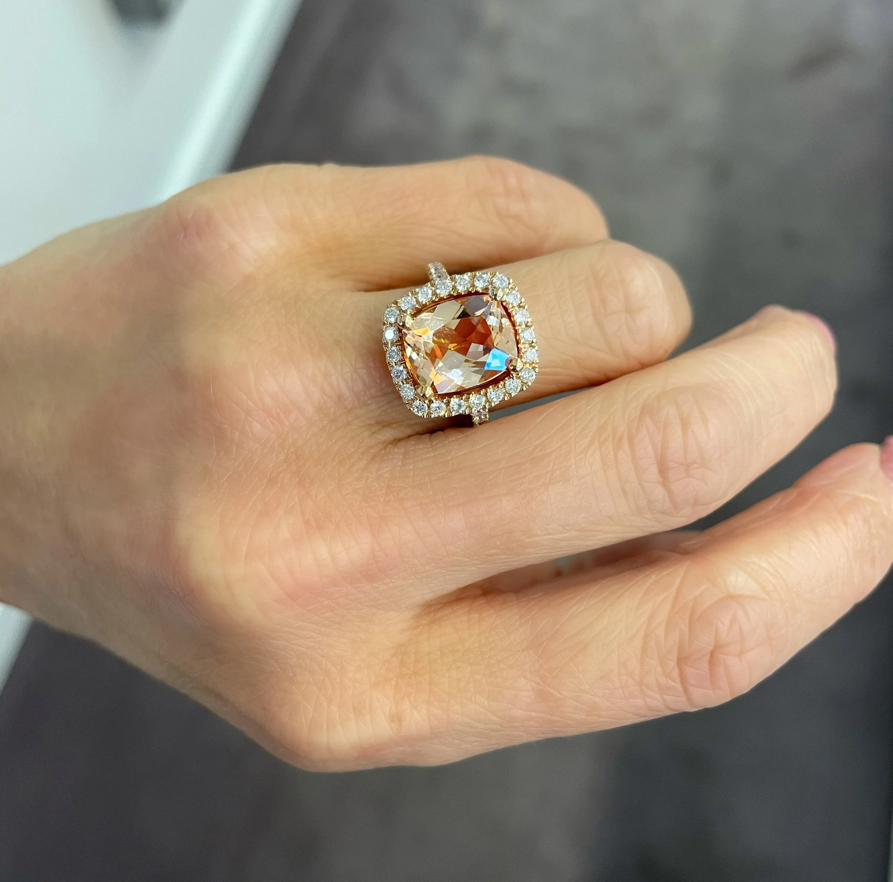 14K Rose Gold Cushion Cut Morganite And Diamond Halo Ring (4.20ctw)