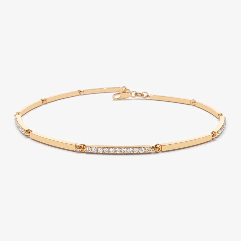 14k Solid Gold & Pave Diamond Bar Bracelet