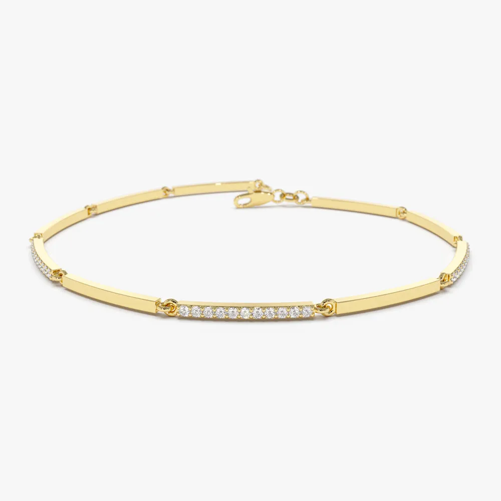 14k Solid Gold & Pave Diamond Bar Bracelet