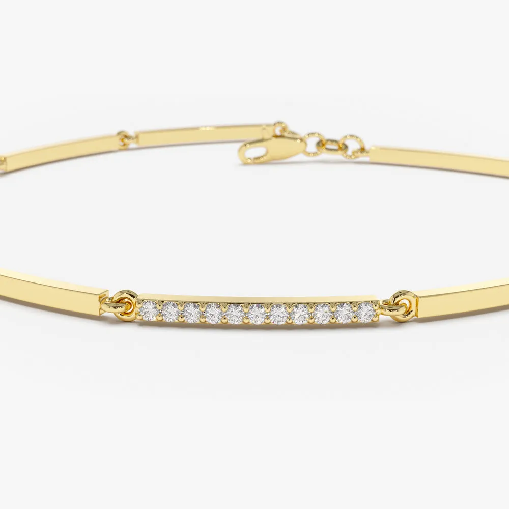 14k Solid Gold & Pave Diamond Bar Bracelet