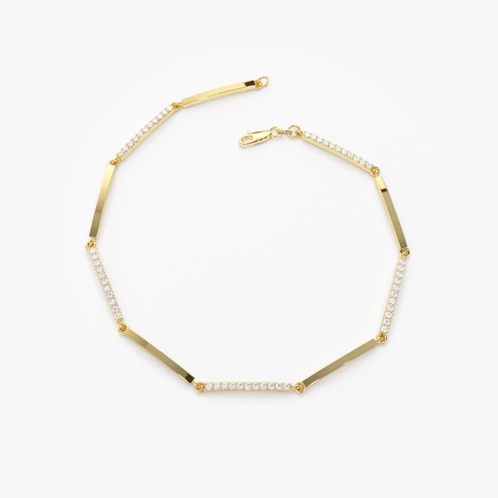 14k Solid Gold & Pave Diamond Bar Bracelet