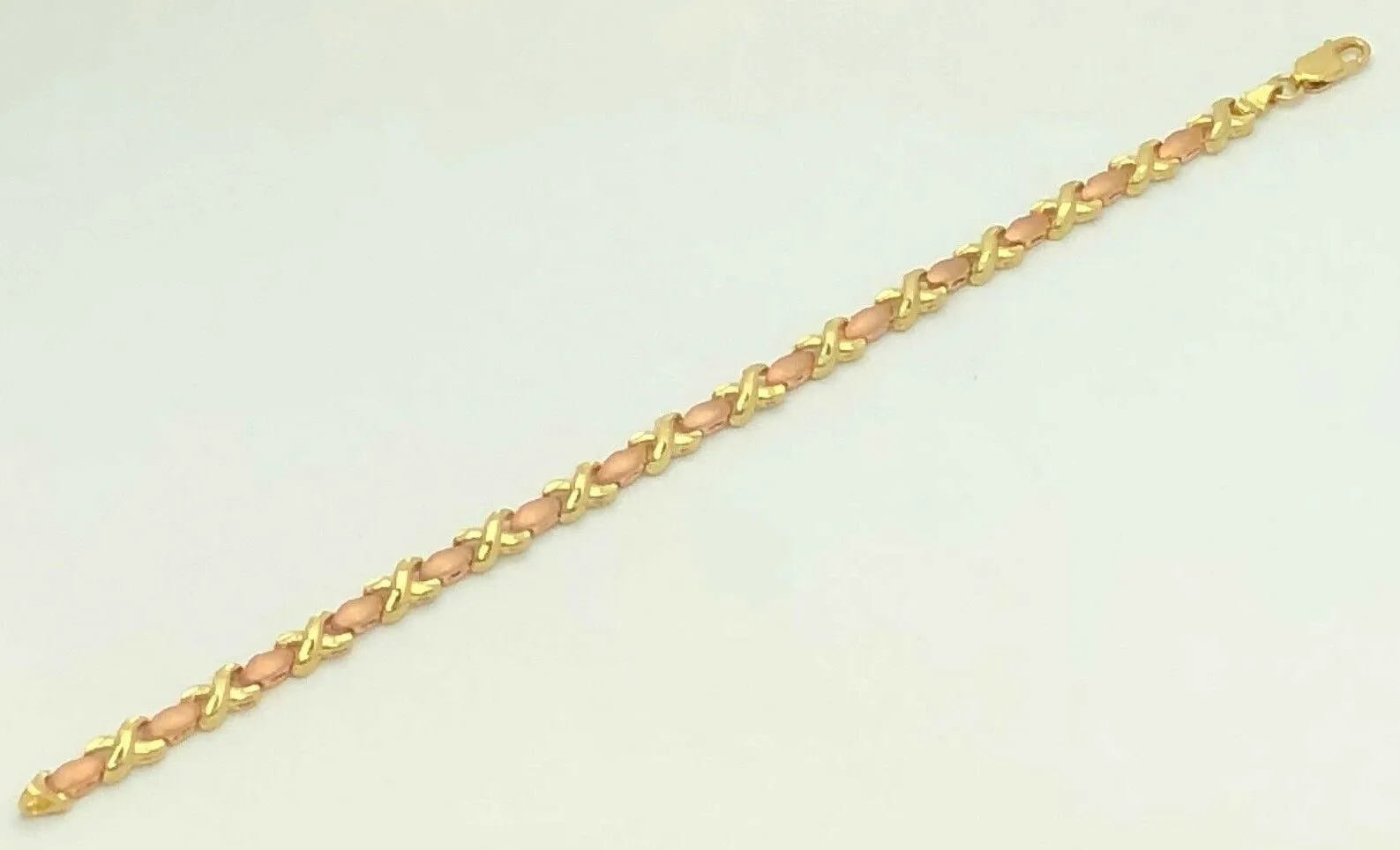 14k Two Tone Gold Satin Finish Hugs & Kisses XOXO Link Bracelet 7.25" 5.4mm 8.5g