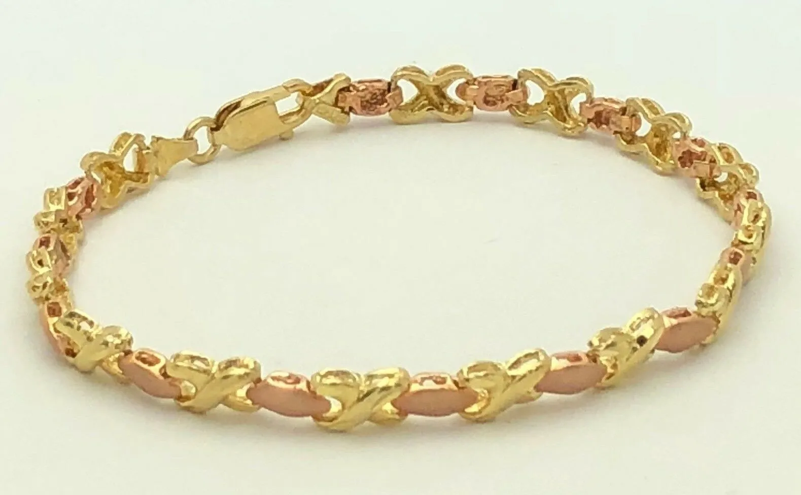 14k Two Tone Gold Satin Finish Hugs & Kisses XOXO Link Bracelet 7.25" 5.4mm 8.5g