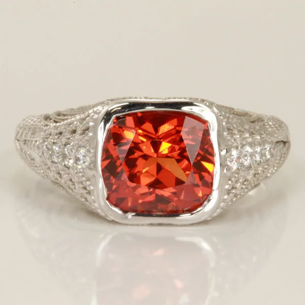 14K Whie Gold Antique Cushion Spessartite Garnet Ring