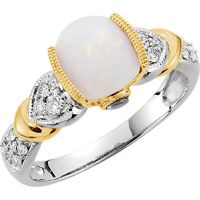 14K White & Yellow Gold Opal, Tanzanite & 1/6 CTW Diamond Ring, Size 7