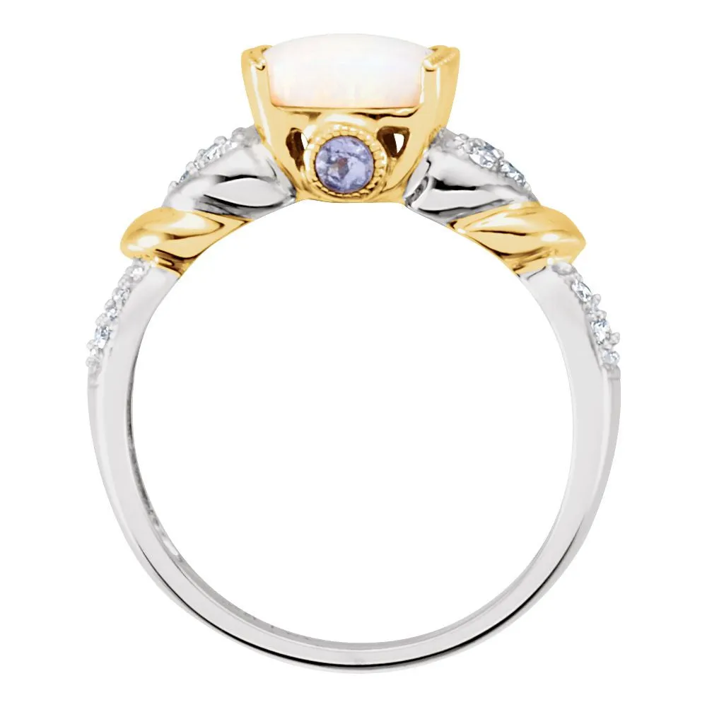 14K White & Yellow Gold Opal, Tanzanite & 1/6 CTW Diamond Ring, Size 7