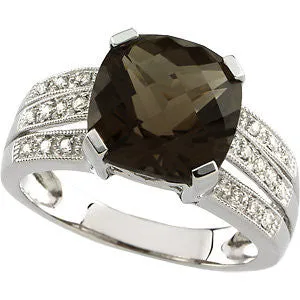 14k White Gold 1/10 CTW Diamond & 10x10mm Smoky Quartz Ring, Size 7