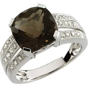 14k White Gold 1/10 CTW Diamond & 10x10mm Smoky Quartz Ring, Size 7