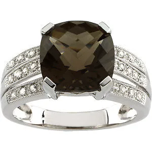 14k White Gold 1/10 CTW Diamond & 10x10mm Smoky Quartz Ring, Size 7