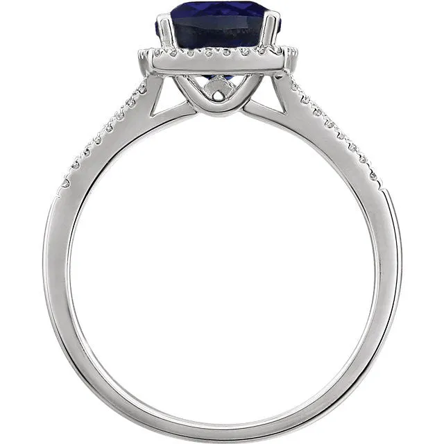 14K White Gold 7mm Cushion Cut Created Blue Sapphire & Diamond Halo Ring