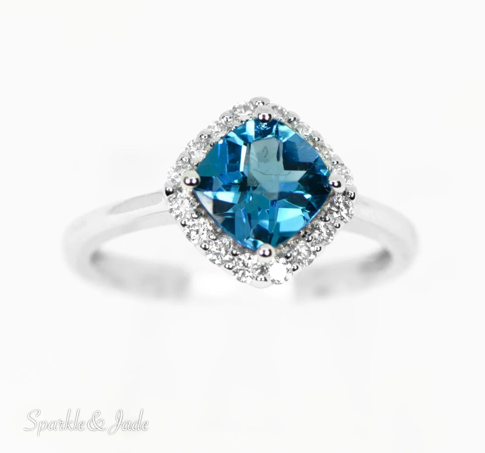 14k White Gold 7mm Cushion Swiss Blue Topaz and Diamond Halo Ring