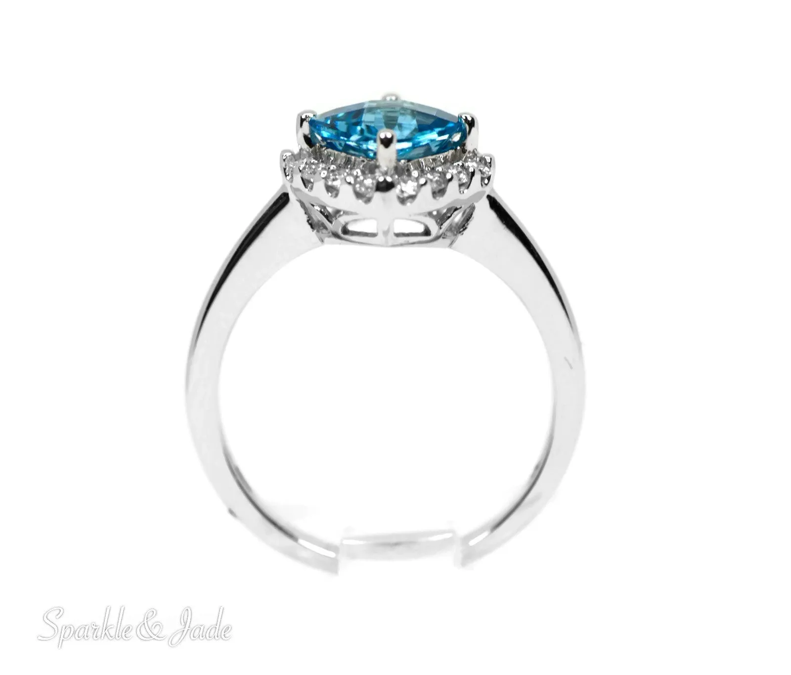 14k White Gold 7mm Cushion Swiss Blue Topaz and Diamond Halo Ring