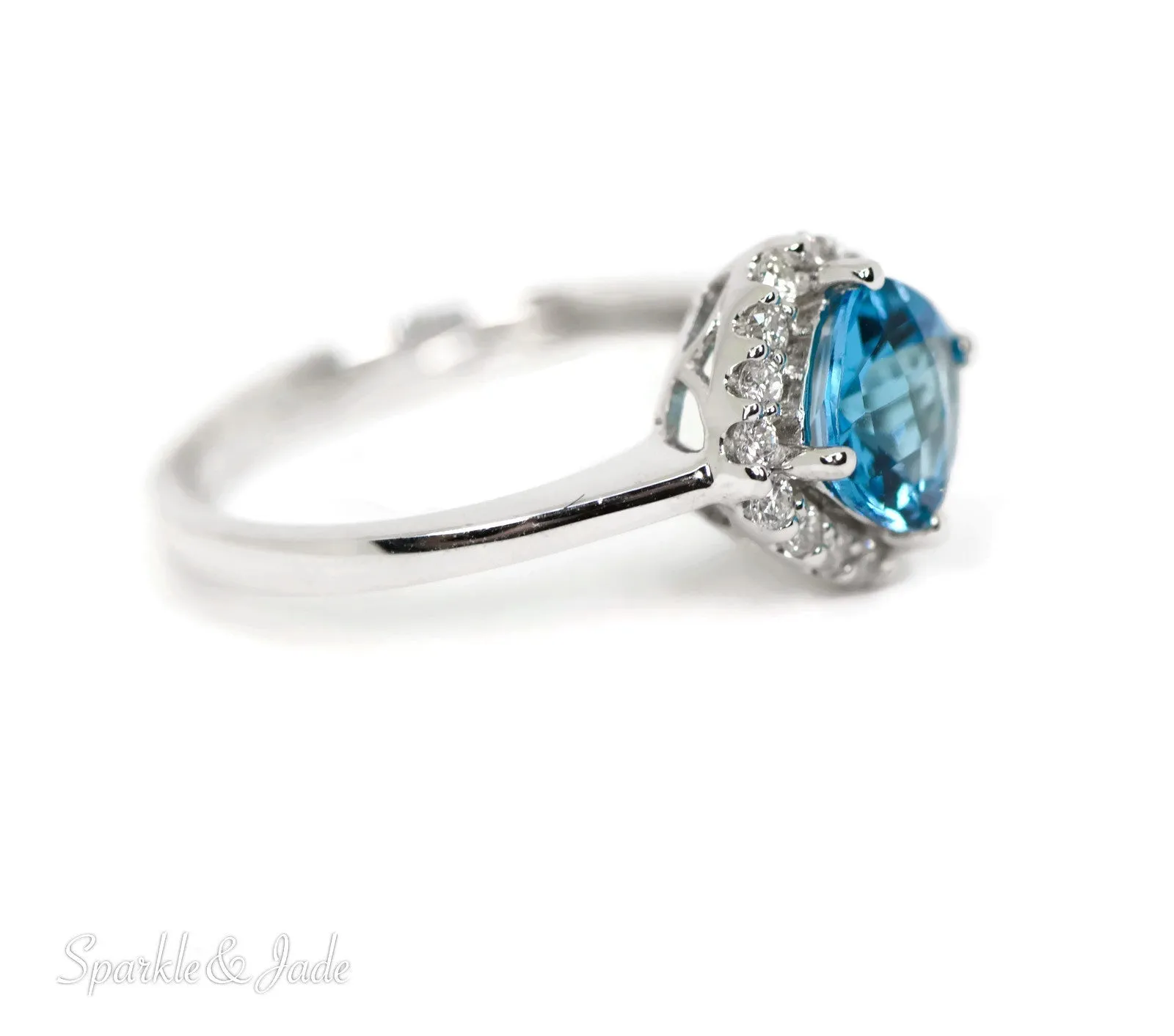 14k White Gold 7mm Cushion Swiss Blue Topaz and Diamond Halo Ring
