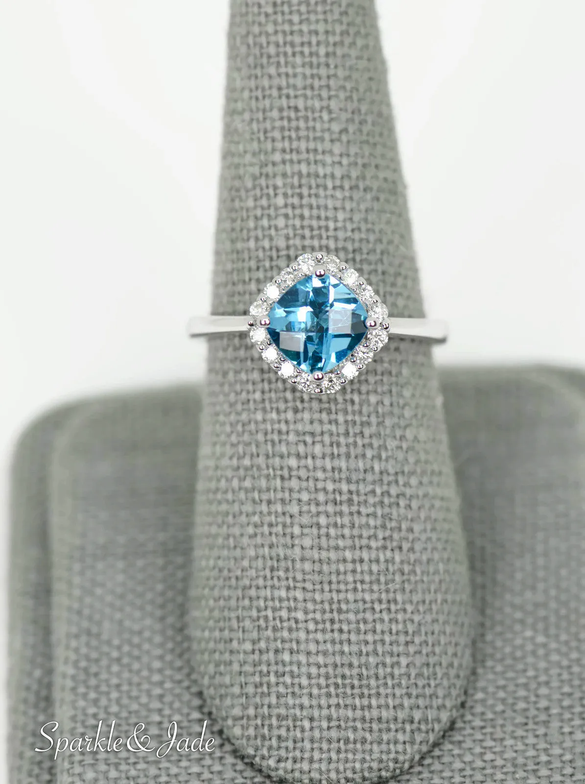 14k White Gold 7mm Cushion Swiss Blue Topaz and Diamond Halo Ring