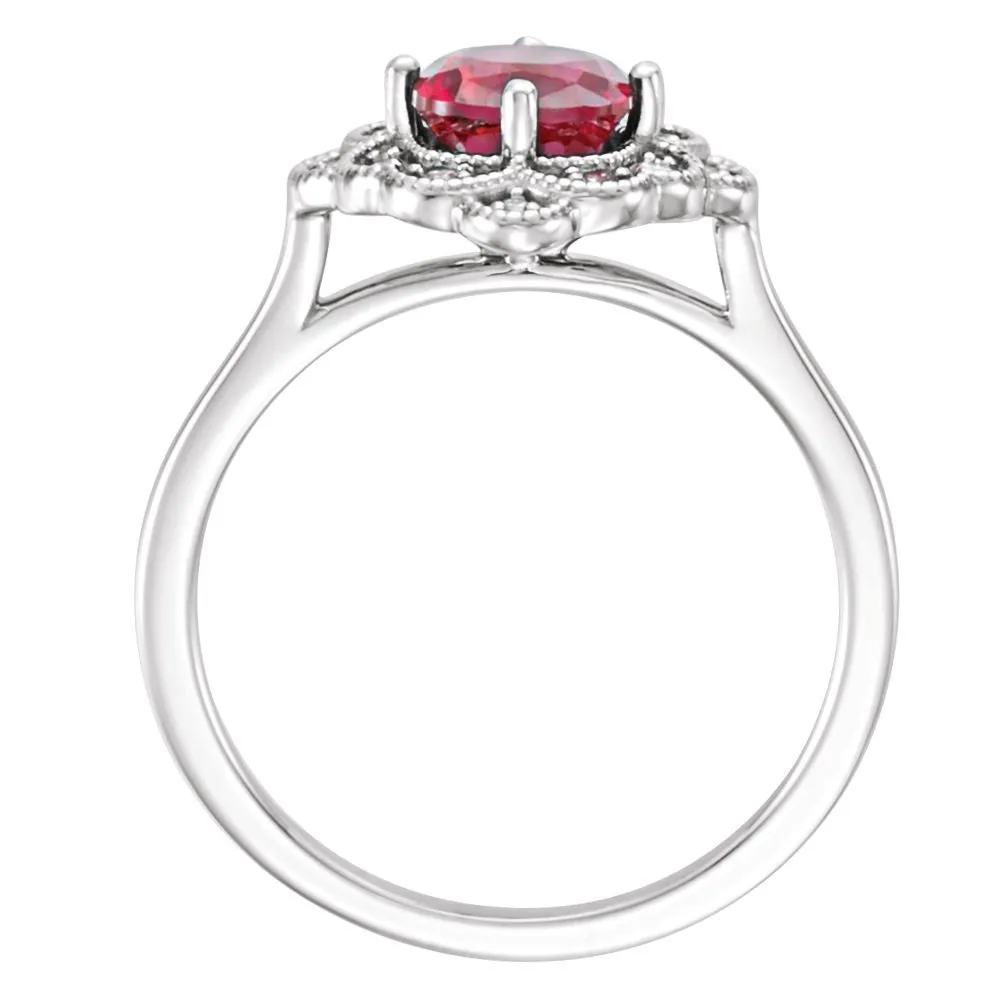14k White Gold Chatham® Created Ruby & 1/10 CTW Diamond Halo-Style Ring , Size 7