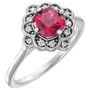 14k White Gold Chatham® Created Ruby & 1/10 CTW Diamond Halo-Style Ring , Size 7