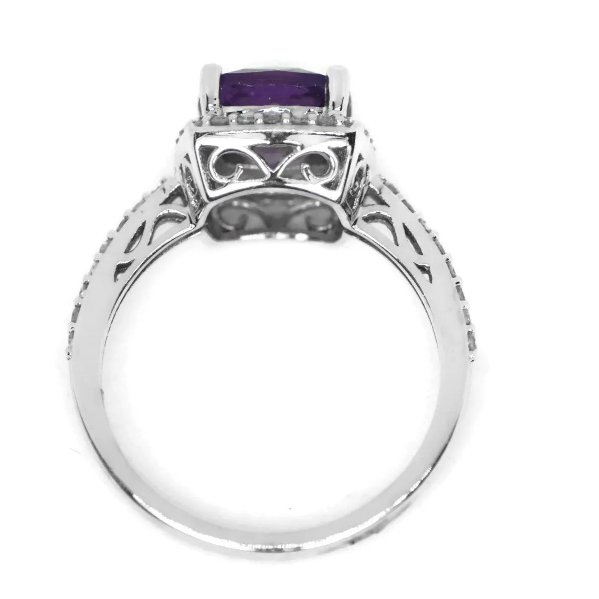 14k White Gold Cushion Amethyst and Diamond Halo Ring