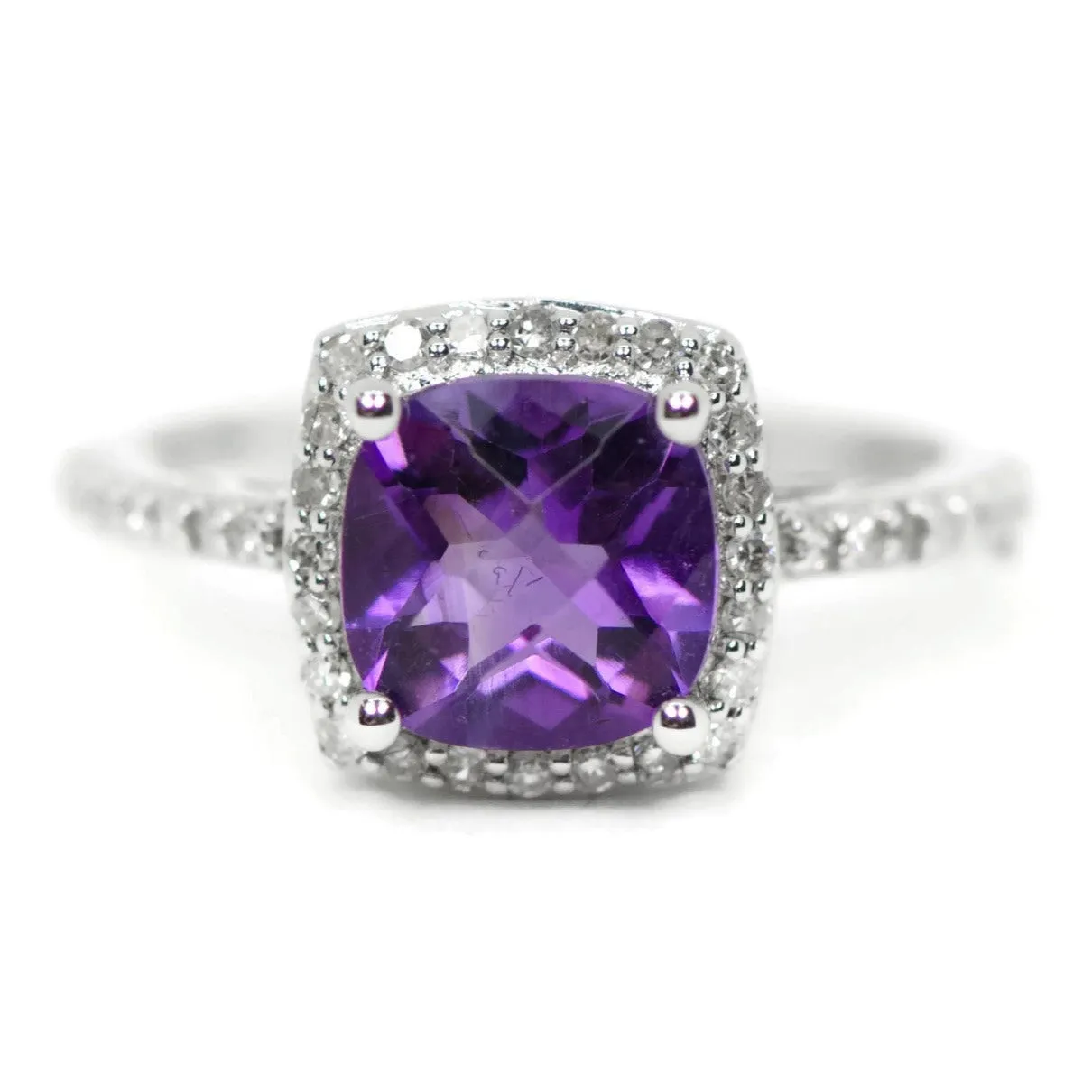 14k White Gold Cushion Amethyst and Diamond Halo Ring