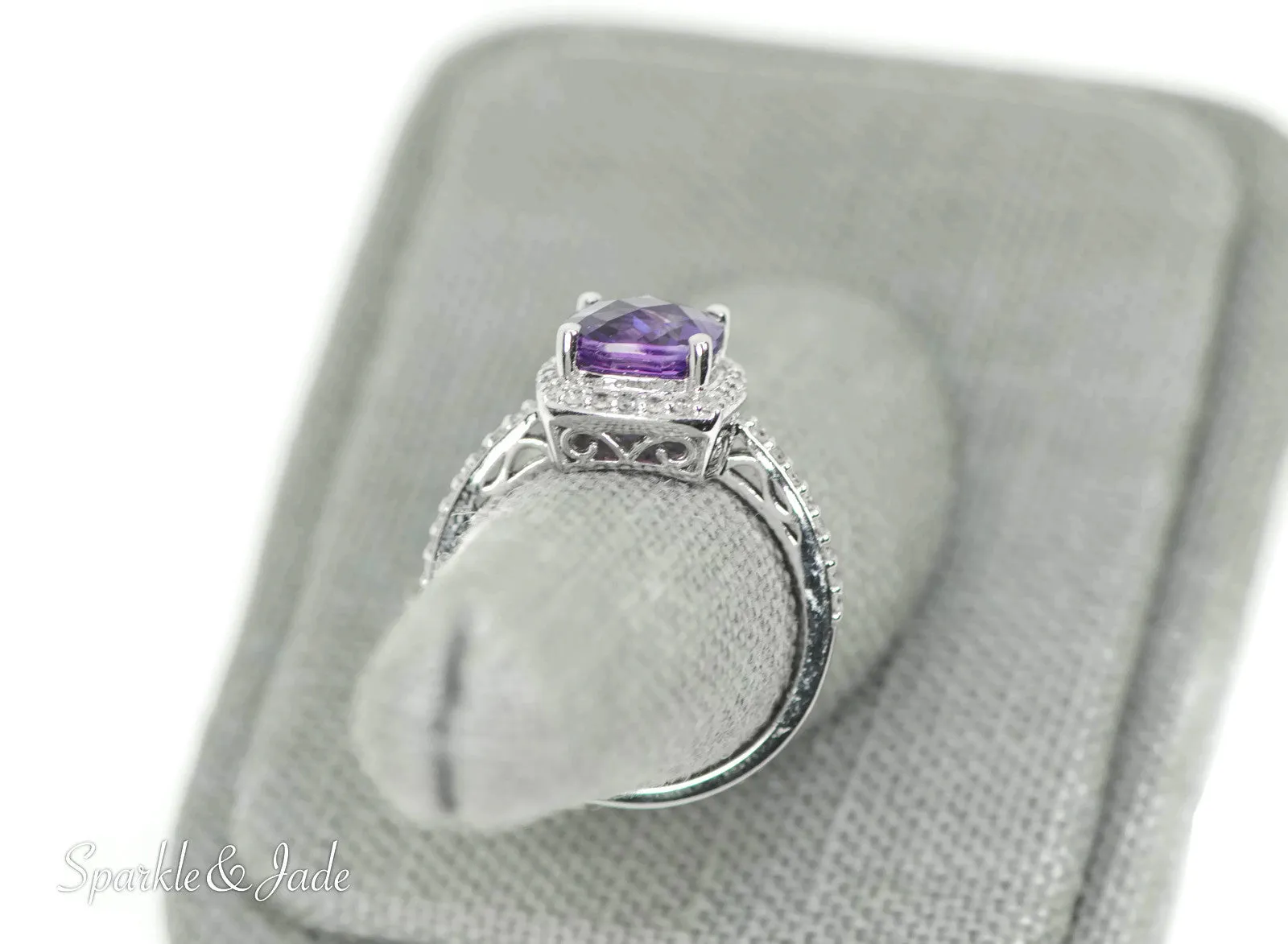 14k White Gold Cushion Amethyst and Diamond Halo Ring