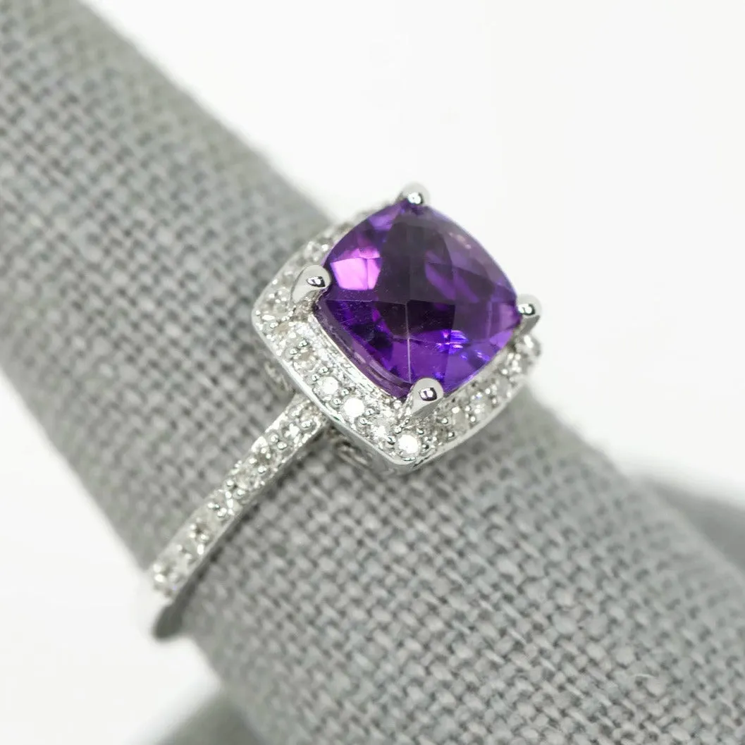 14k White Gold Cushion Amethyst and Diamond Halo Ring