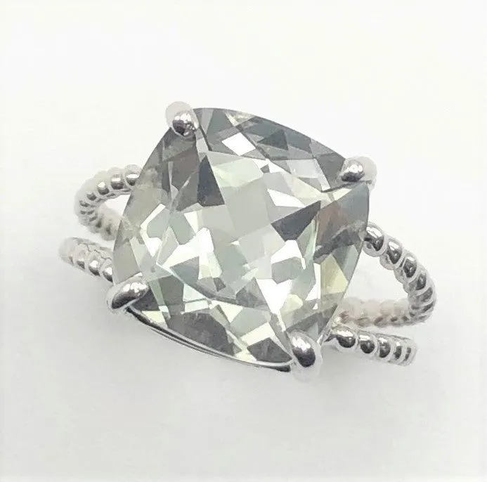 14K White Gold Cushion Cut Prasiolite (Green Amethyst) on Braided Ring