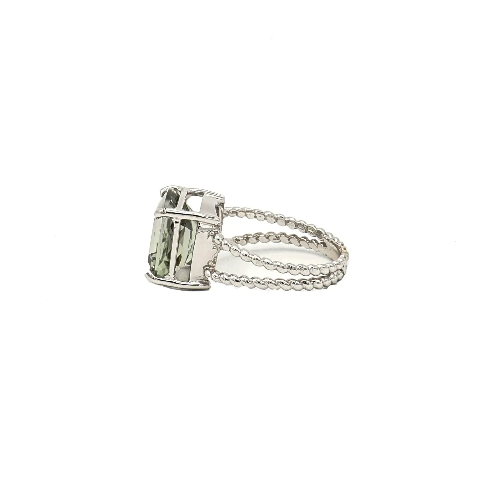 14K White Gold Cushion Cut Prasiolite (Green Amethyst) on Braided Ring