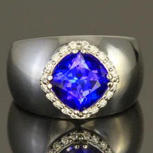 14K White Gold Cushion Tanzanite Ring with Diamonds by Christopher Michael 2.91 Carats