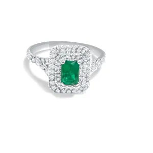 14K White Gold Emerald and Double Halo Diamond Ring