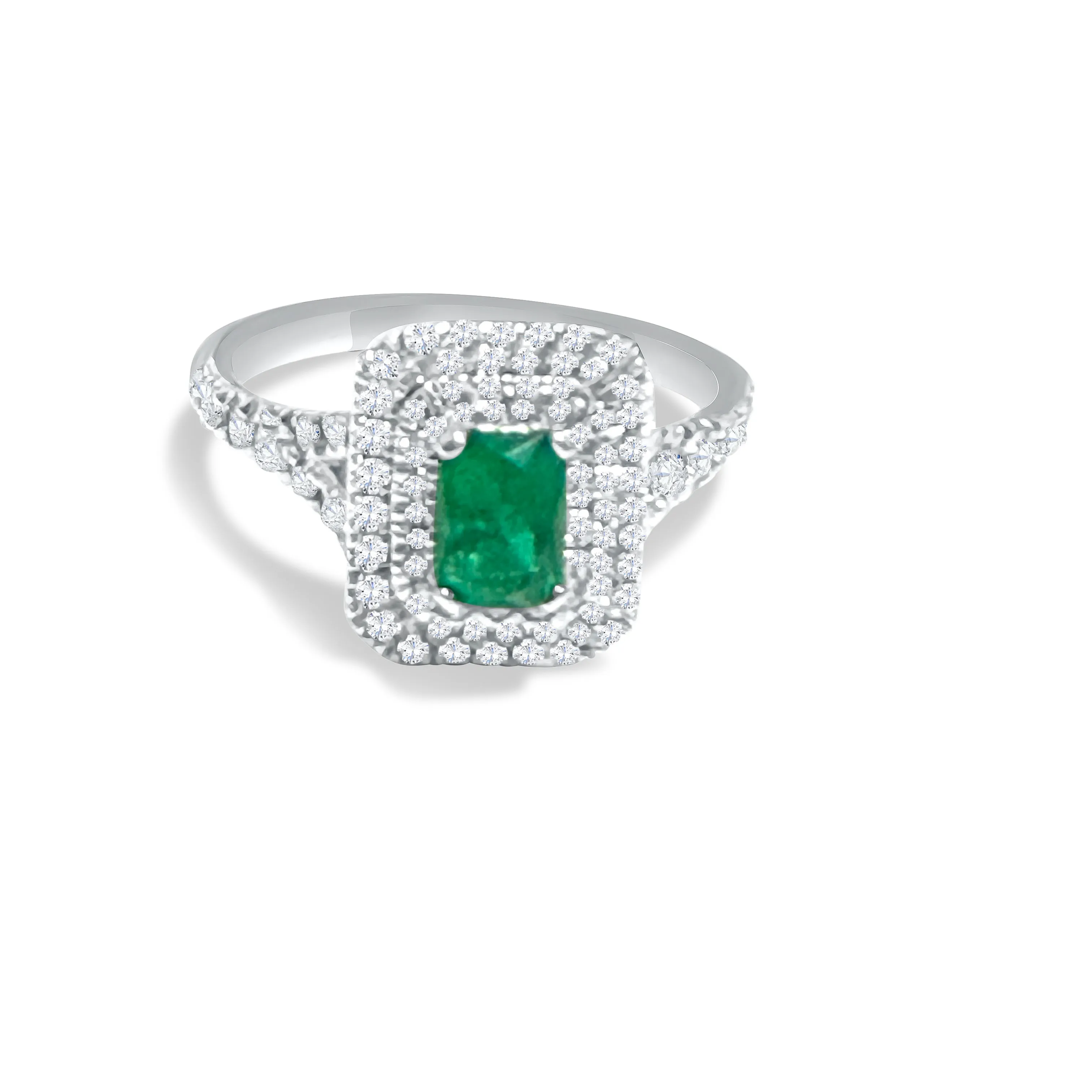 14K White Gold Emerald and Double Halo Diamond Ring