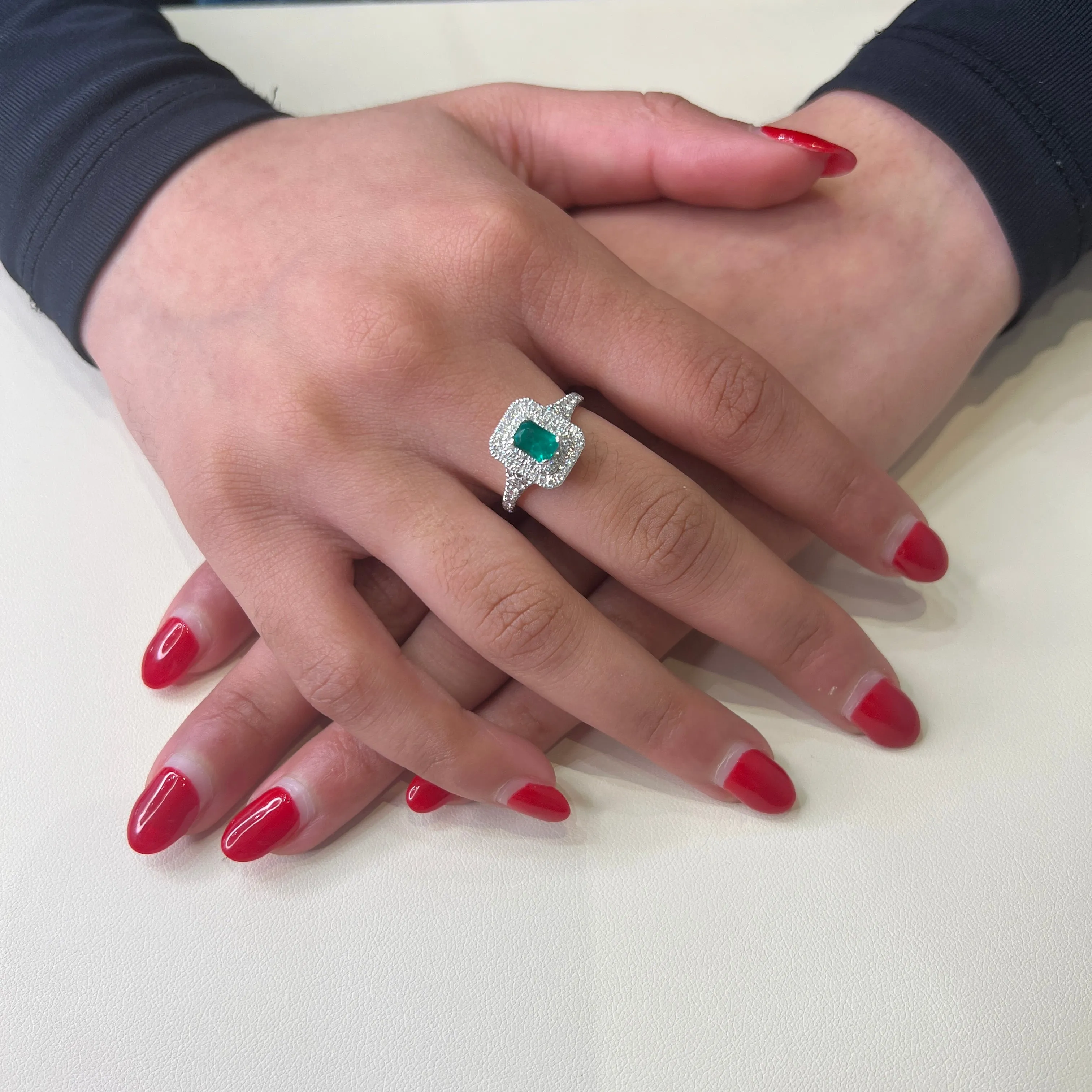 14K White Gold Emerald and Double Halo Diamond Ring