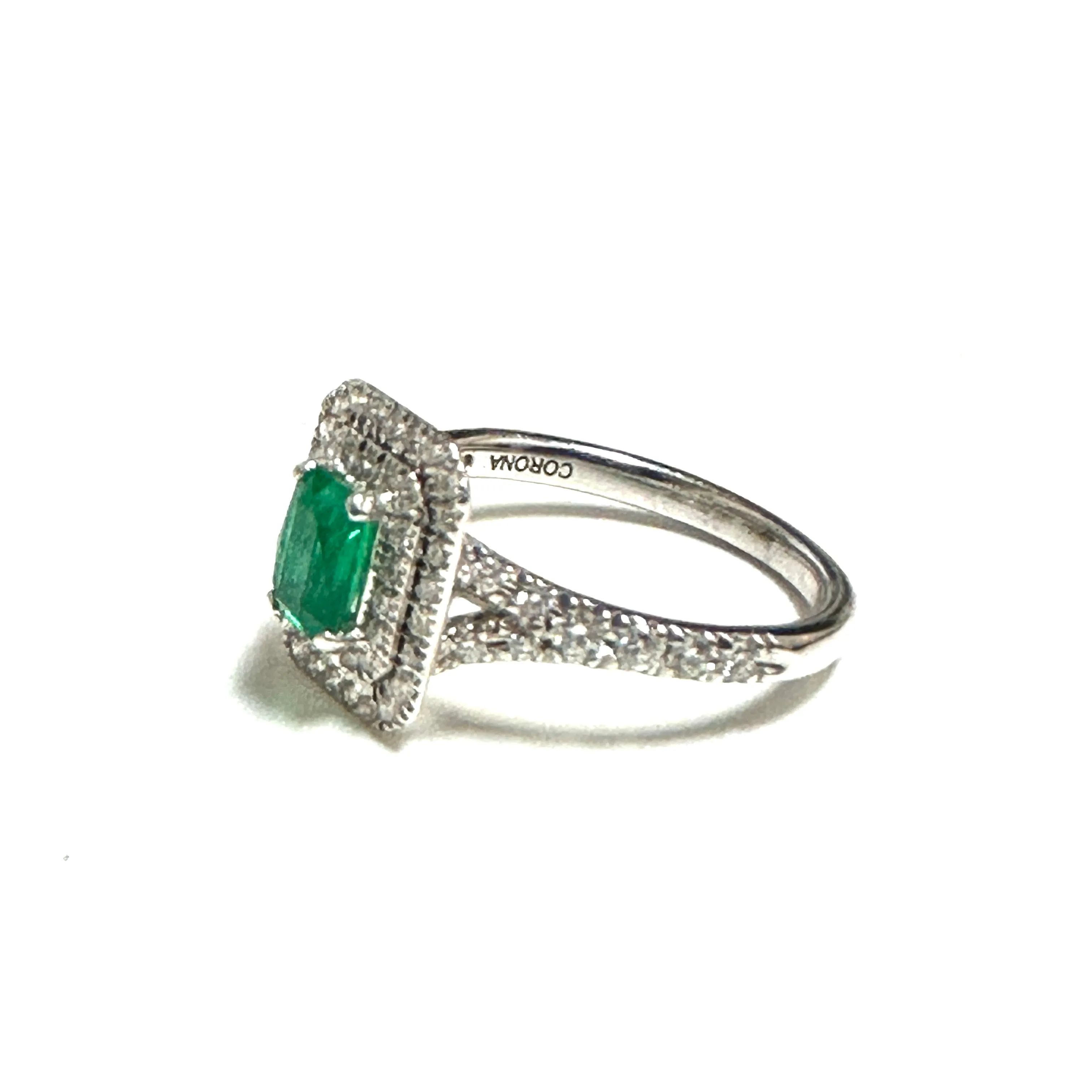 14K White Gold Emerald and Double Halo Diamond Ring