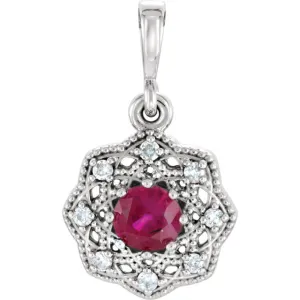 14k White Gold Genuine Ruby & .06CTW Diamond Halo-Style Pendant