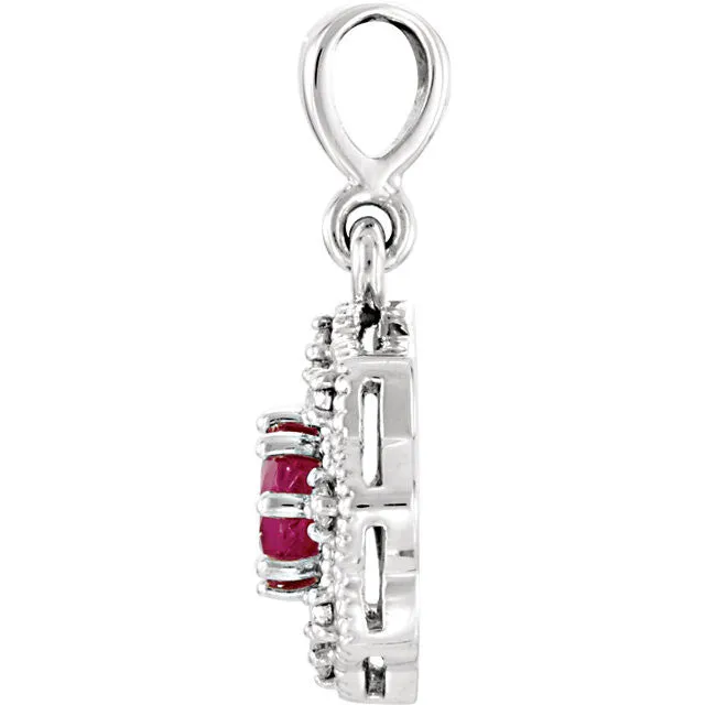 14k White Gold Genuine Ruby & .06CTW Diamond Halo-Style Pendant
