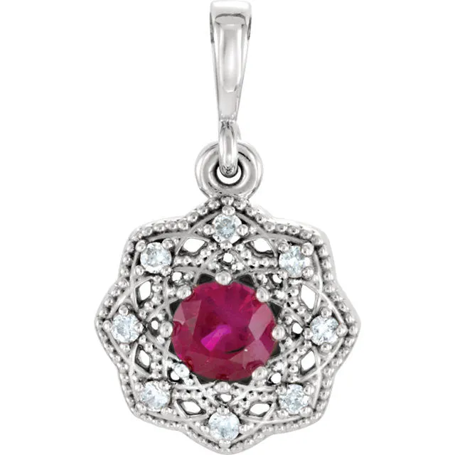 14k White Gold Genuine Ruby & .06CTW Diamond Halo-Style Pendant